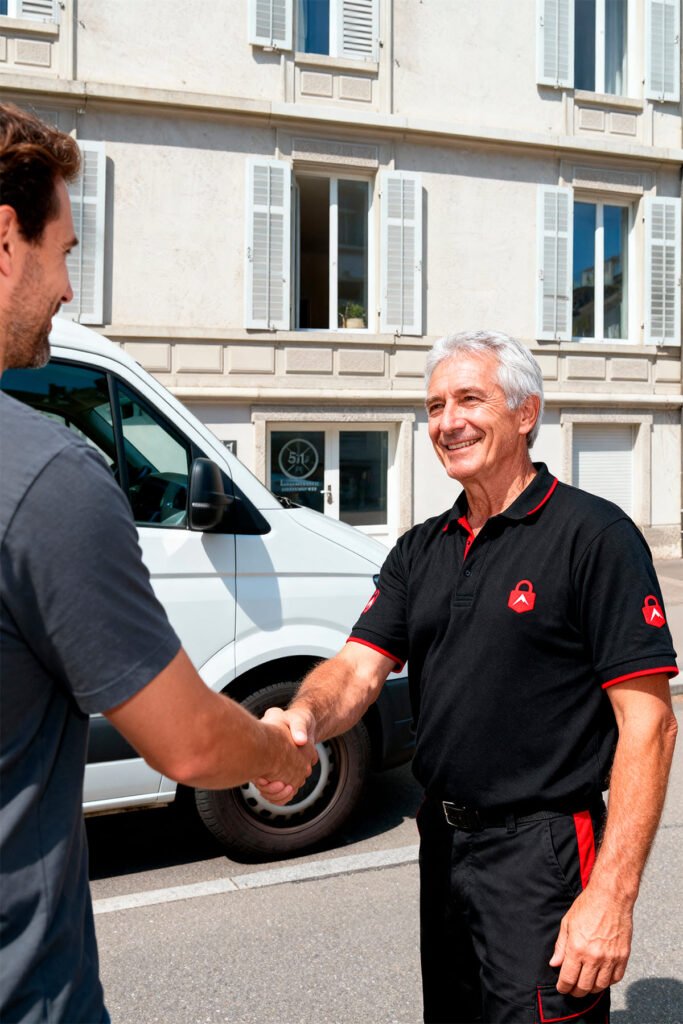 Alpine24h Schlüsseldienst Techniker gibt Kunde vor dem Servicefahrzeug in Zürich die Hand.